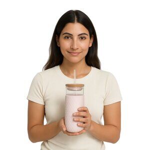 18 OZ Ello Devon Glass Container Tumbler Pink Satin Silicone Sleeve Wooden Lid